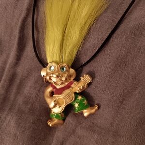 Vintage Troll Doll Necklace Gold Tone On Black Satin Cord Playing Guitar